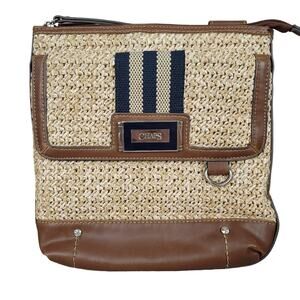 Crossbody Purse CHAPS Straw Vegan Faux Leather Cloth Strap Metal Logo Slim